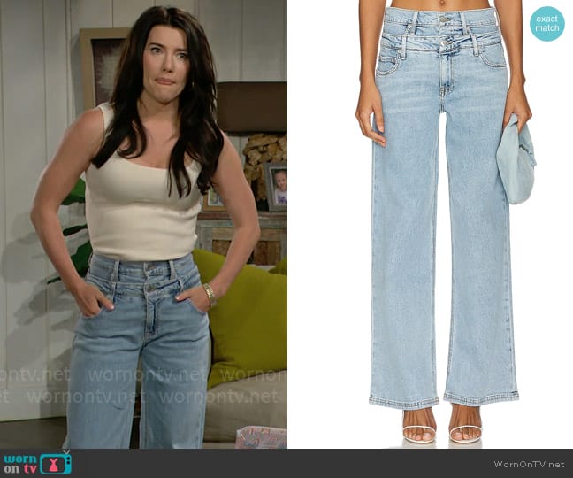 Simkhai Kove Double Waist High Rise Jeans in Coastal worn by Steffy Forrester (Jacqueline MacInnes Wood) on The Bold and the Beautiful