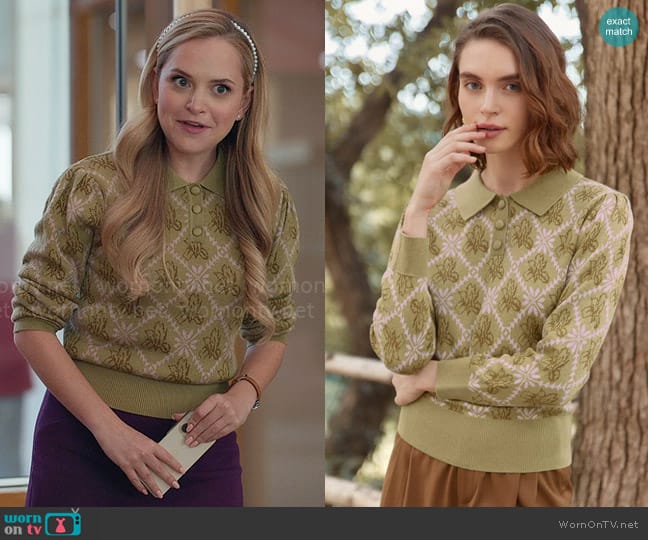 Simple Retro Ariana Iris Floral Patterned Sweater in Avocado Green worn by Ainsley (Stephanie Styles) on Loot