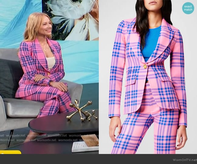 Smythe Hutton Tailored Cotton Plaid Cutaway Blazer worn by Jewel Kilcher on Access Hollywood