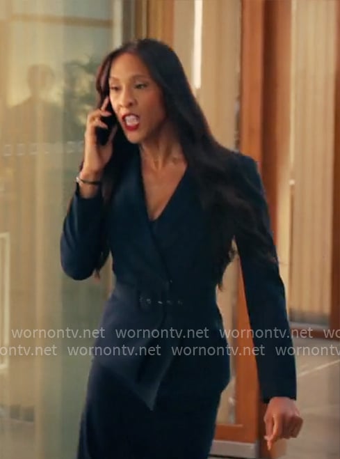 Sofia's navy belted blazer and skirt suit on Loot