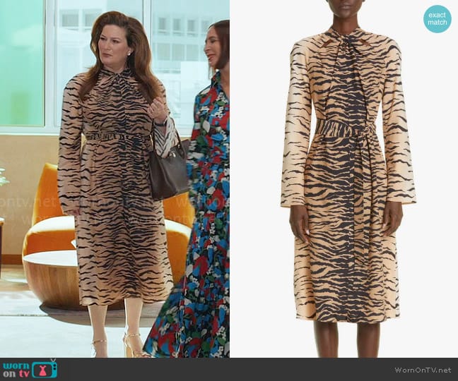 St John Collection Tiger Print Keyhole Long Sleeve Silk Blend Midi Dress worn by Grace (Ana Gasteyer) on Loot