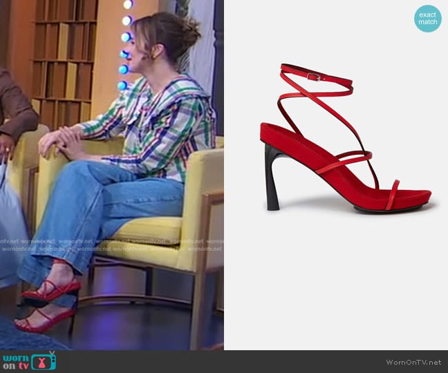 Stella McCartney Elsa Twisted Heeled Sandals in Lipstick red worn by Claudia Jessie on Good Morning America