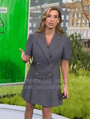 Stephanie Abrams' grey pleated double-breasted dress on CBS Mornings