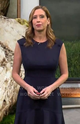 Stephanie Abrams’ navy sleeveless dress on CBS Mornings