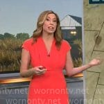 Stephanie Abrahms’ coral red v-neck dress on CBS Mornings