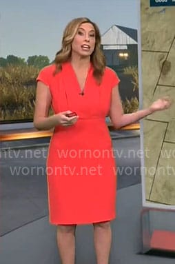 Stephanie Abrahms’ coral red v-neck dress on CBS Mornings