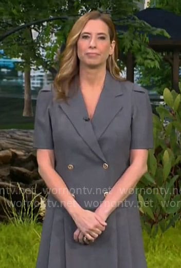 Stephanie Abrams’ grey pleated double-breasted dress on CBS Mornings