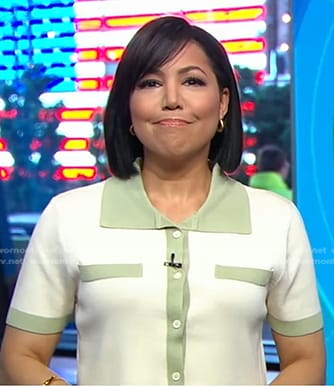 Stephanie’s ivory and green short sleeve cardigan on Good Morning America