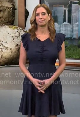 Stephanie Abrams’ navy ruched front dress on CBS Mornings