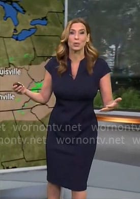 Stephanie Abrams’ navy v-neck sheath dress on CBS Mornings