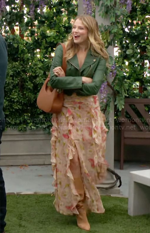 Summer's floral maxi dress and green leather jacket on The Young and the Restless