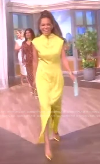 Sunny’s yellow satin mock neck dress on The View