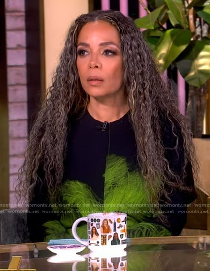 Sunny’s black and green feather print dress on The View