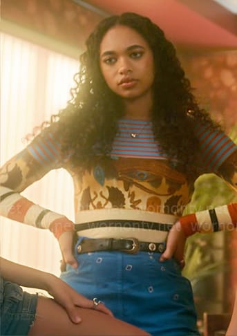 Tabby's striped top and printed blue skirt on Pretty Little Liars Original Sin