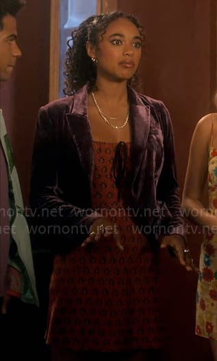 Tabby's red printed dress and purple velvet blazer on Pretty Little Liars Original Sin