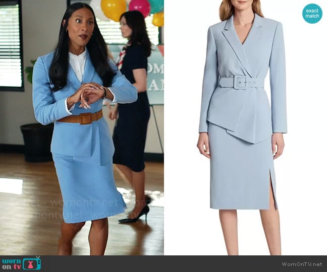 Tahari ASL Collarless Asymmetrical Belted Jacket in Chambray Blue worn by Sofia Salinas (Michaela Jaé Rodriguez) on Loot