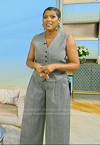 Tamron's gray metallic vest and pants on Tamron Hall Show