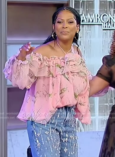 Tamron's pink floral off shoulder top on Tamron Hall Show