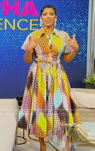 Tamron’s multicolored printed shirtdress on Tamron Hall Show