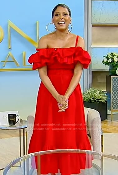 Tamron's red ruffle belted dress on Tamron Hall Show