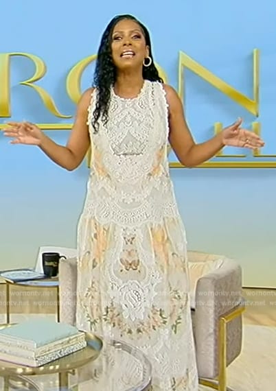 Tamron’s floral lace two piece dress on Tamron Hall Show