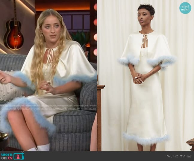 Tanner Fletcher Gail Feather Trim Cape and Thelma Dress worn by Brynn Cartelli on The Kelly Clarkson Show