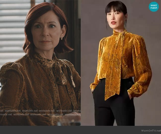 The Fold Ellerby Blouse Gold Velvet Devore worn by Elsbeth Tascioni (Carrie Preston) on Elsbeth