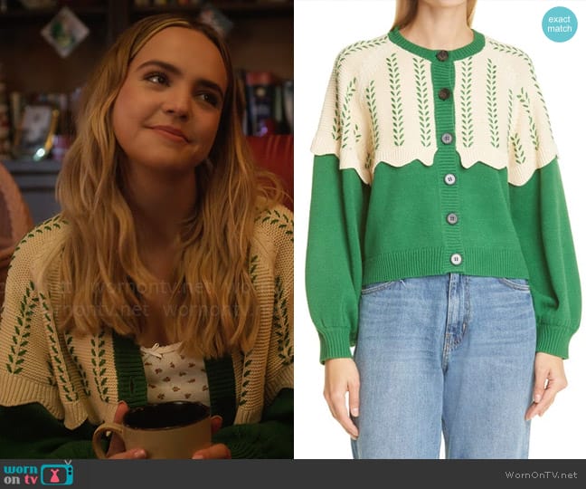 The Great The Scallop Two-tone Embroidered Cotton-blend Cardigan In Green worn by Imogen Adams (Bailee Madison) on Pretty Little Liars Original Sin