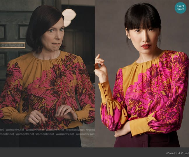 The Fold London Asmara Blouse Mustard And Cerise Pink Silk worn by Elsbeth Tascioni (Carrie Preston) on Elsbeth