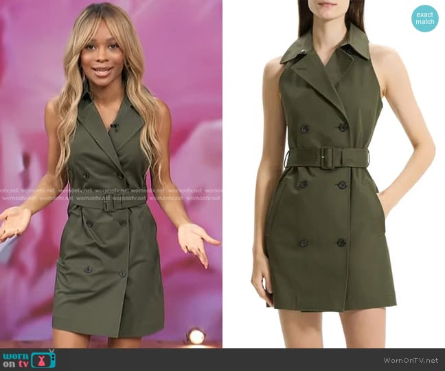 Theory Patton Sleeveless Stretch Cotton Trench Minidress in Dark Olive worn by Zuri Hall on Access Hollywood