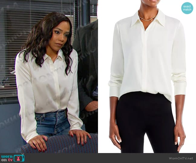 Theory Sunaya Silk Blouse in Ivory worn by Jada Hunter (Elia Cantu) on Days of our Lives