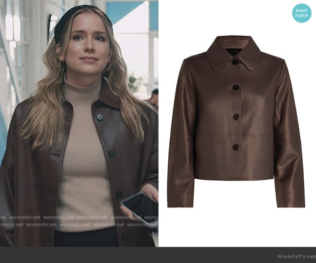 Theory Brown Leather Jacket worn by Elizabeth Lail (Elizabeth Lail) on Elsbeth