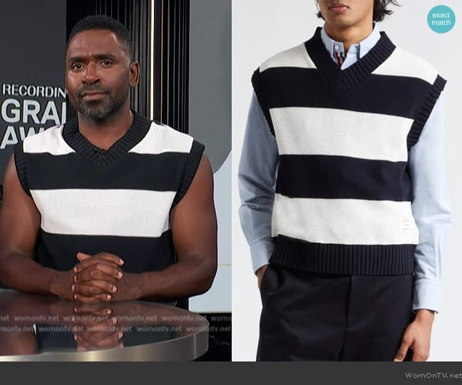 Thom Browne Navy Rugby Vest worn by Justin Sylvester on E! News