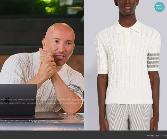 Thom Browne White Cotton 4 Bar Cable Knit Polo worn by Jason Oppenheim (Jason Oppenheim) on Selling the OC