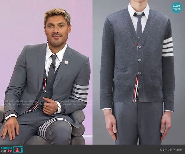 Thom Browne V-Neck Cardigan With 4-Bar Stripe In Medium Grey Merino worn by Chris Appleton on Today