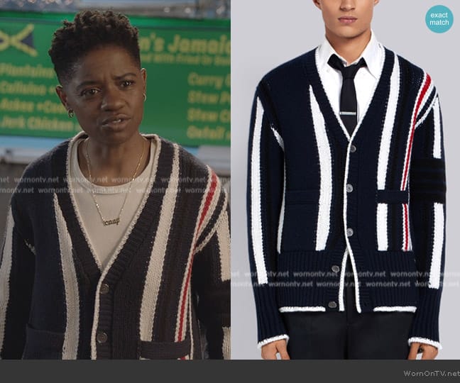 Thom Browne 4-Bar Repp Stripe Cardigan worn by Tamia Cooper (Bre Z) on All American