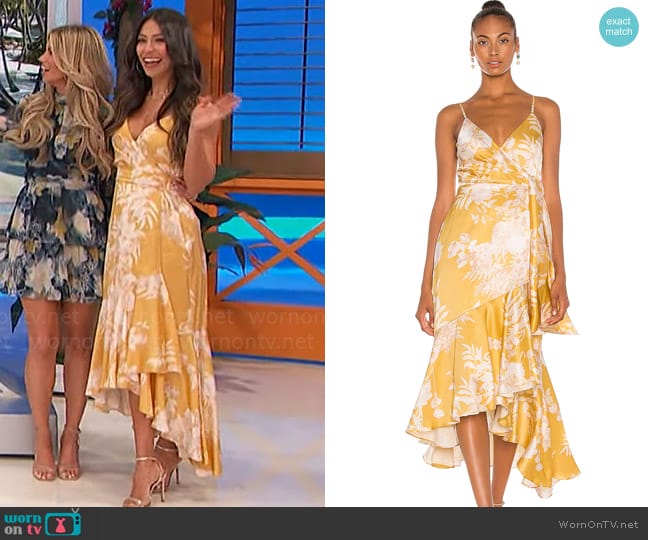 Thurley Sarita Dress in Sonet Print Golden worn by Manuela Arbeláez on The Price is Right