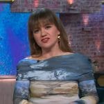 Kelly's blue abstract print mesh top on The Kelly Clarkson Show