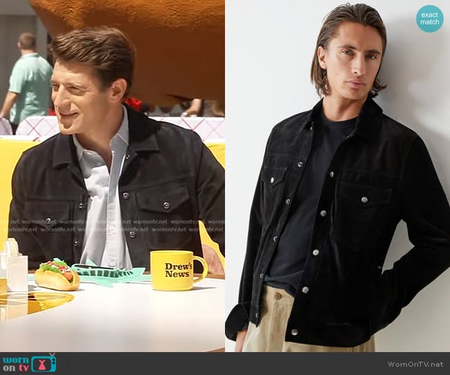 Todd Snyder Italia Suede Snap Dylan Jacket in Black worn by Tony Dokoupil on The Drew Barrymore Show