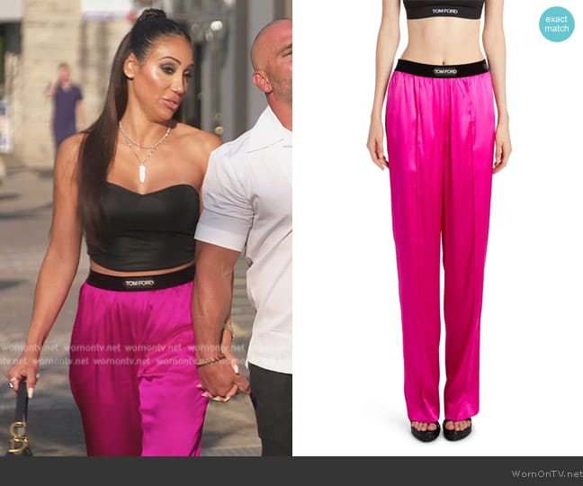 Tom Ford Logo-patch straight-leg trousers worn by Melissa Gorga on The Real Housewives of New Jersey