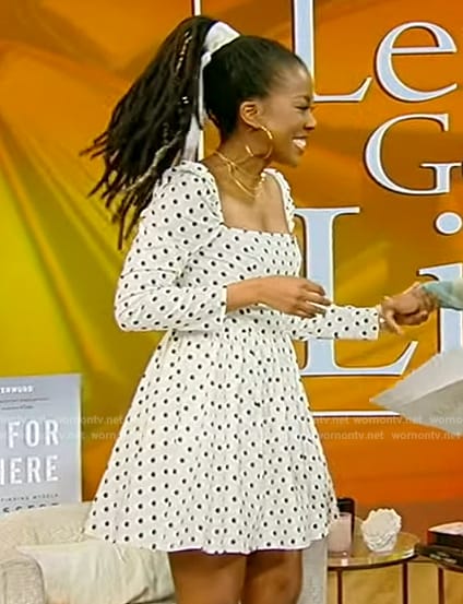 Tomi Adeyemi’s white polka dot print dress on Tamron Hall Show