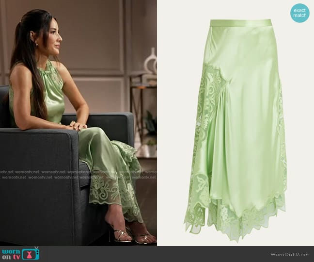 Ulla Johnson Cressida Sheer Floral Silk Scalloped Midi Skirt in Celadon worn by Olivia Munn on Good Morning America