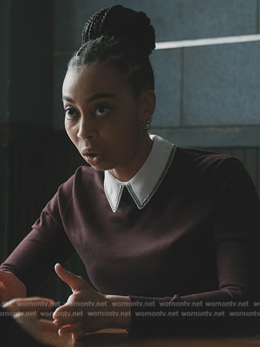 Maroon embellished collar sweater on Elsbeth