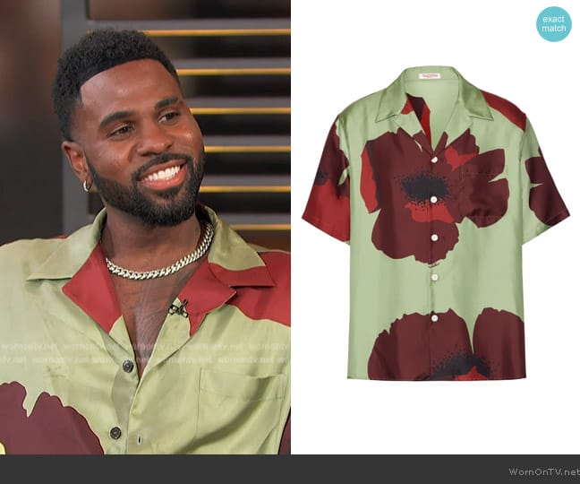 Valentino Floral Portrait Silk Camp Shirt worn by Jason Derulo on Access Hollywood