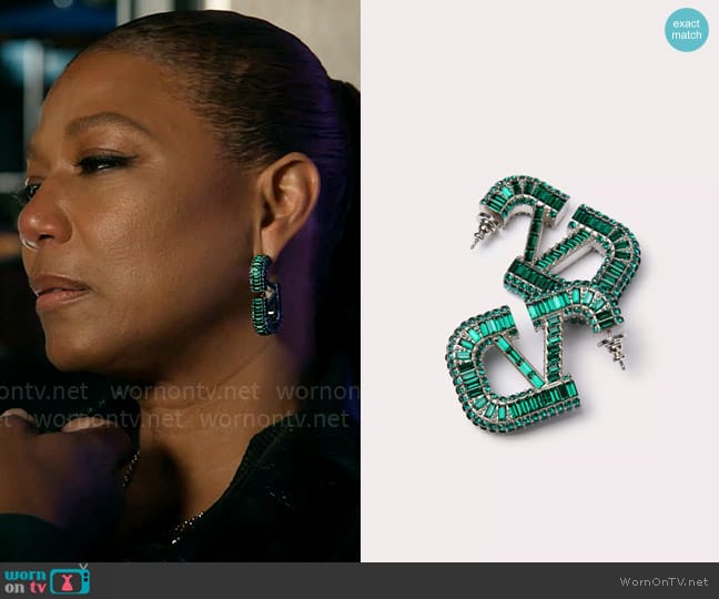 Valentino VLogo Signature Earrings in Palladium/Emerald worn by Robyn McCall (Queen Latifah) on The Equalizer