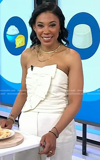 Vanessa Rissetto’s ivory ruffled strapless top and pants on Today