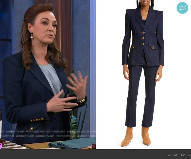 Veronica Beard Anoki Cotton Blend Denim Dickey Jacket worn by Regina Sanz on The Kelly Clarkson Show