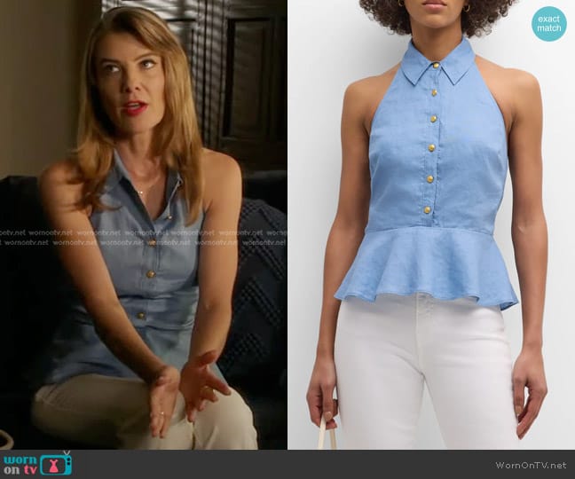 Veronica Beard Lancaster Sleeveless Halter Peplum Top in Blue Shore worn by Kim  (Devin Kelley) on 9-1-1