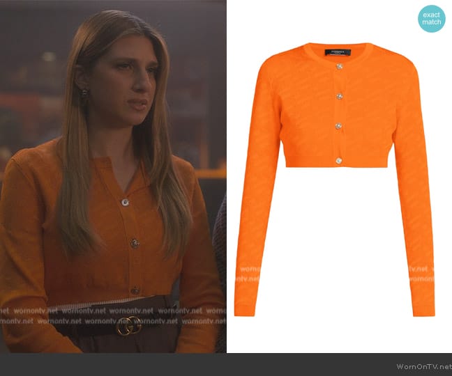 Versace Greca Signature Cropped Knit Cardigan worn by Nomi Segal (Emily Arlook) on Grown-ish