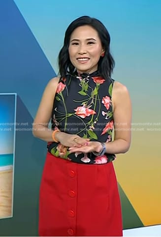 Vicky’s black floral sleeveless top and red button front skirt on Today